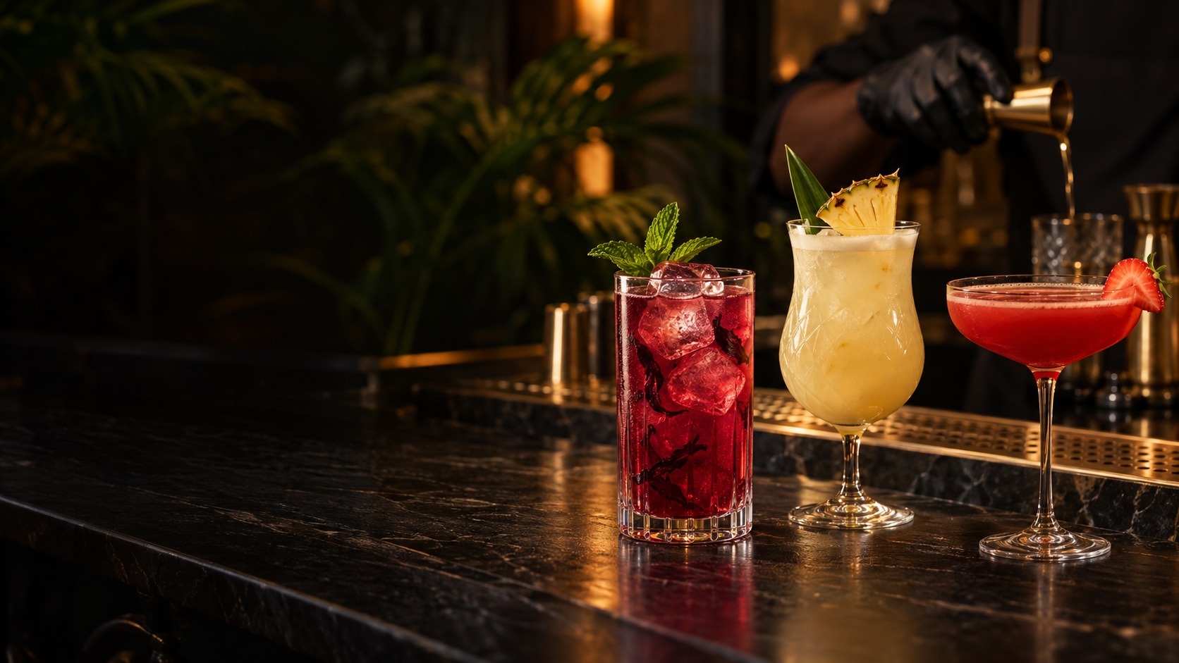 Trois cocktails aux couleurs rubis et ambrées dans un bar à la lumière chaude